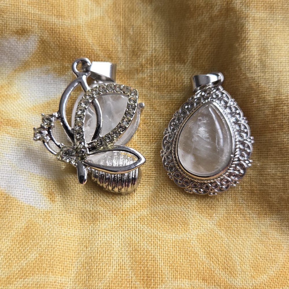 Pendant Set Butterfly Rhinestone & Moonstone Style Cabochon Silver Tone